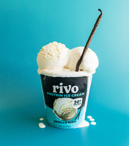 Rivo Vanilla Bean protein ice cream container with vanilla bean flavor on a blue background