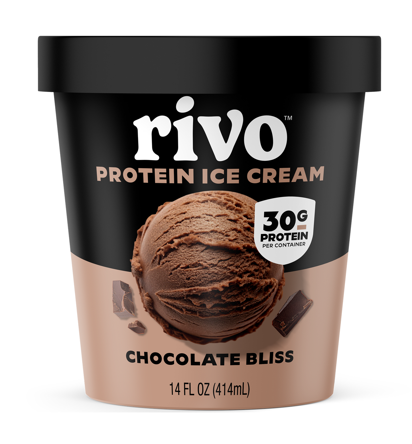 Rivo Protein Ice Cream container with a scoop of chocolate ice cream.