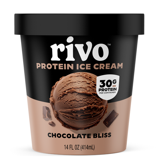 Rivo Protein Ice Cream container with a scoop of chocolate ice cream.