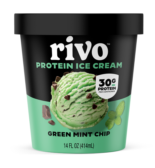 Rivo Green Mint Chip protein ice cream container.