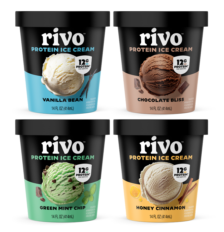 Four Rivo Protein Ice Cream pints arranged in a 2x2 grid