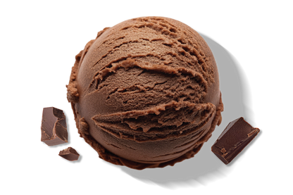 A scoop of Rivo Chocolate Bliss protein ice cream with chocolate pieces.