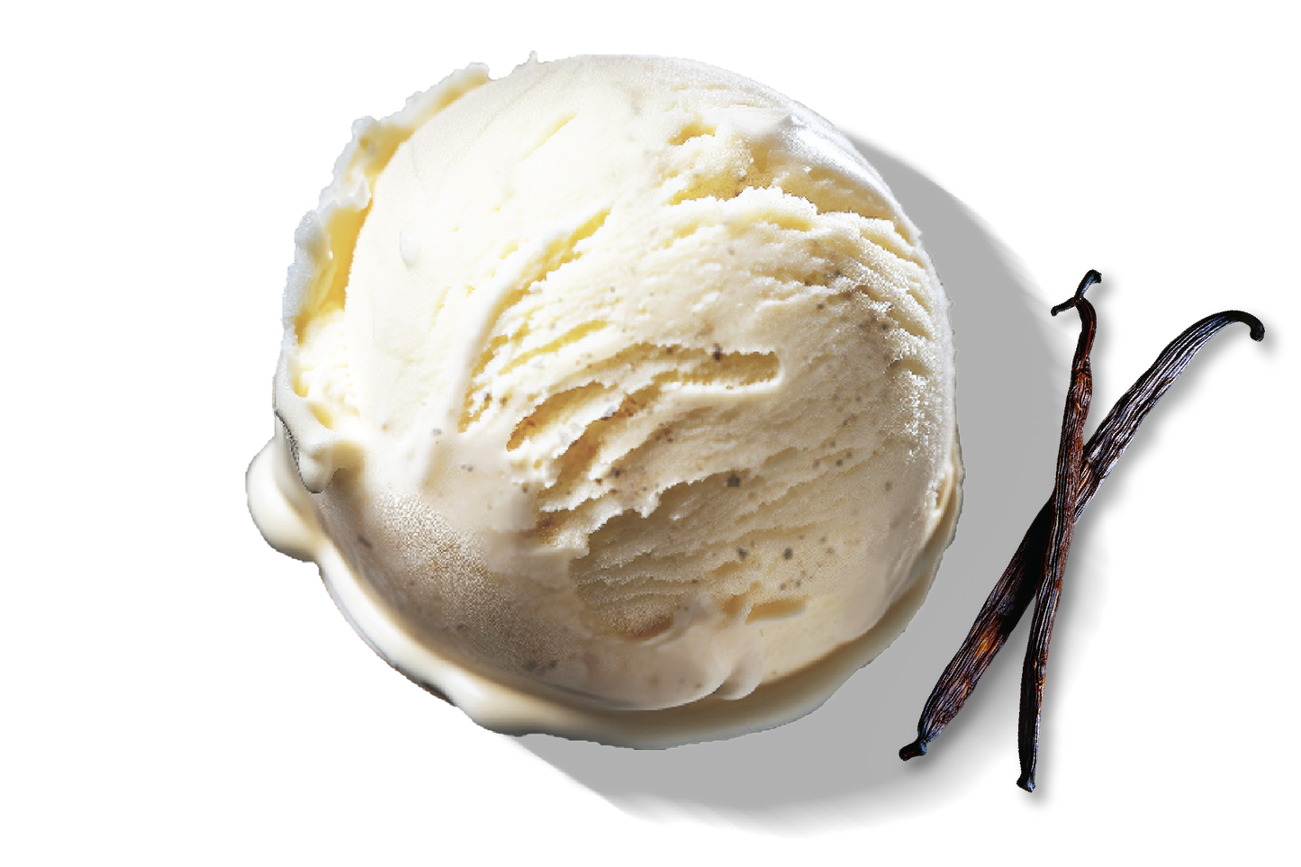 A scoop of Rivo Vanilla Bean protein ice cream next to vanilla beans.
