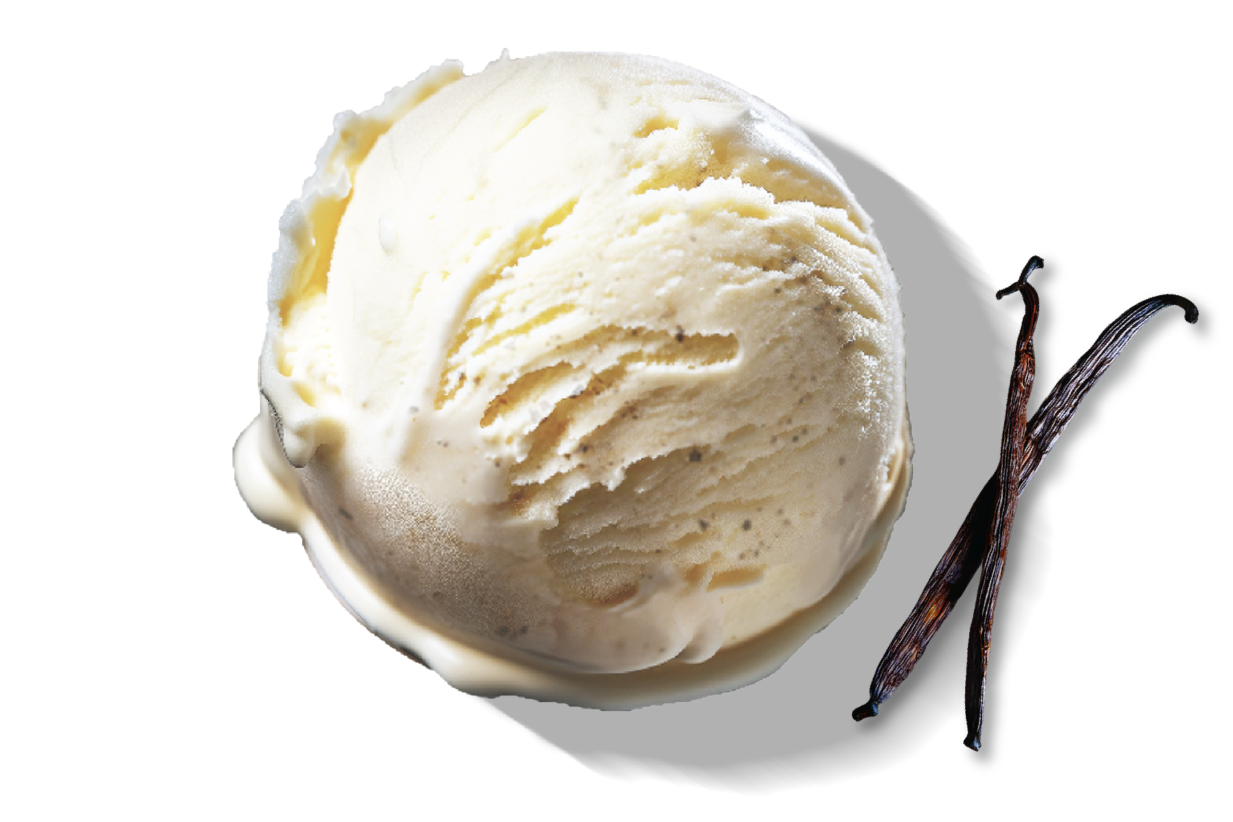 A scoop of Rivo Vanilla Bean protein ice cream next to vanilla beans.