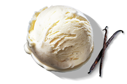 A scoop of Rivo Vanilla Bean protein ice cream next to vanilla beans.